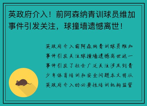 英政府介入！前阿森纳青训球员维加事件引发关注，球撞墙遗憾离世！